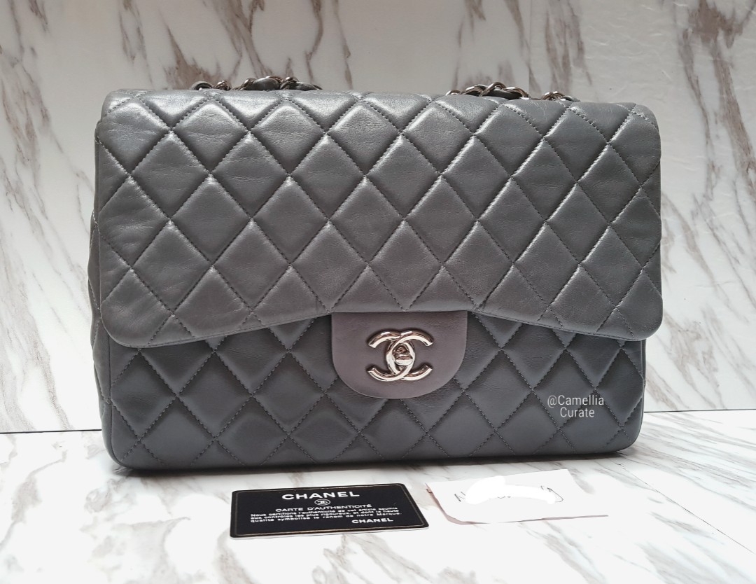 CHANEL GREY Classic Jumbo Single flap in Glazed Calfskin SHW
