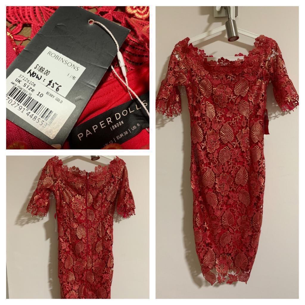 Metallic Bardot Off Shoulder Crochet Lace Red Dress With Fluted