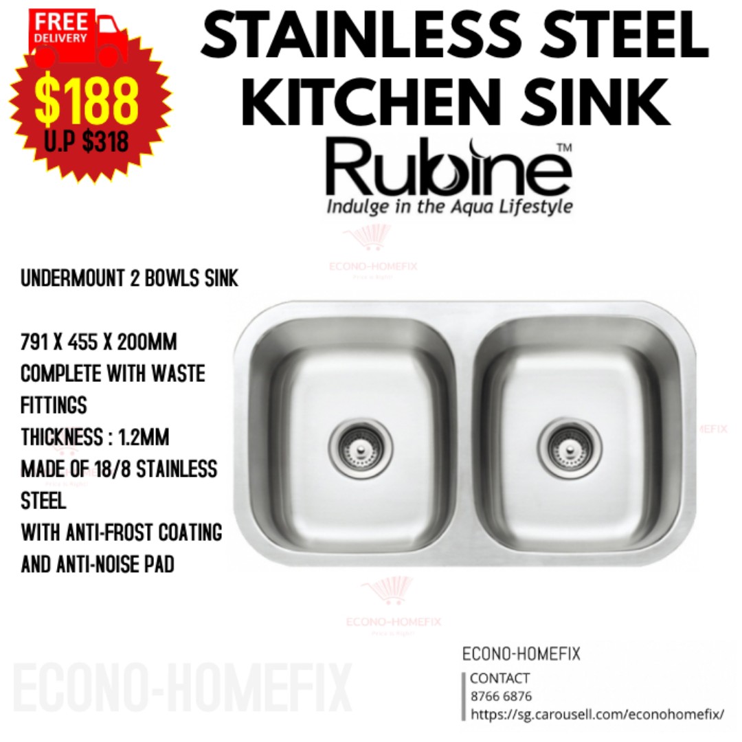 Rubine Stainless Steel Double Bowl Undermount Kitchen Sink Fox 620 79u
