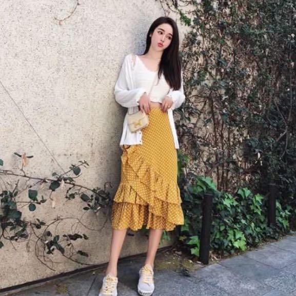 mustard yellow polka dot dress