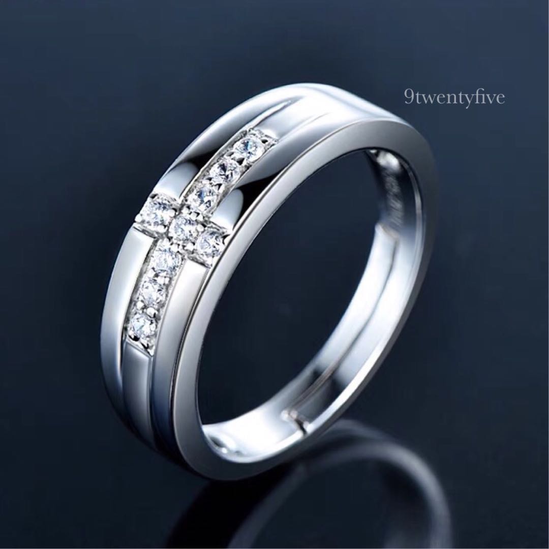 S925 Silver Men Cross Diamond Wedding Band Ring Free Size