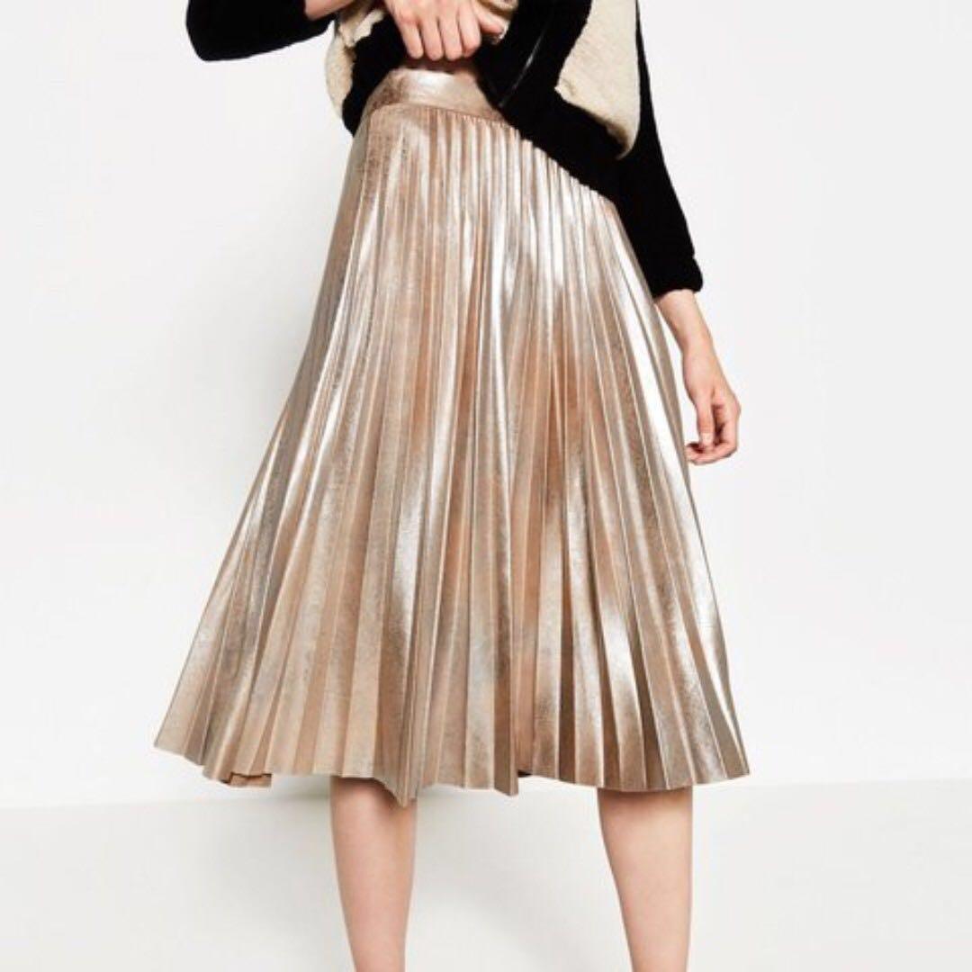 zara gold metallic pleated skirt