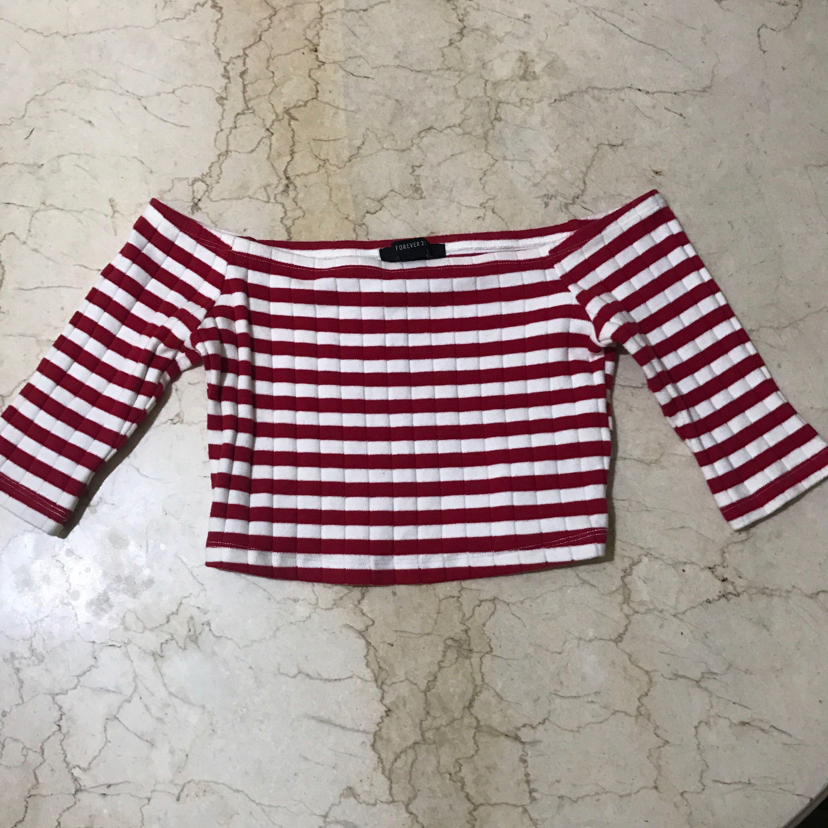 Forever21 Women Red White Striped Off Shoulder Crop Top Women S