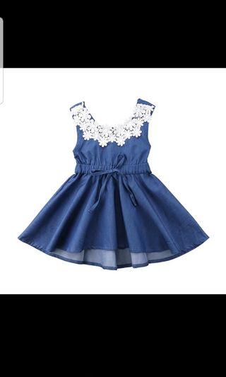 [129A00033] Denim Lacey collar baby girl dress