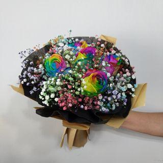 Rainbow Rose with Colourful Baby Breath