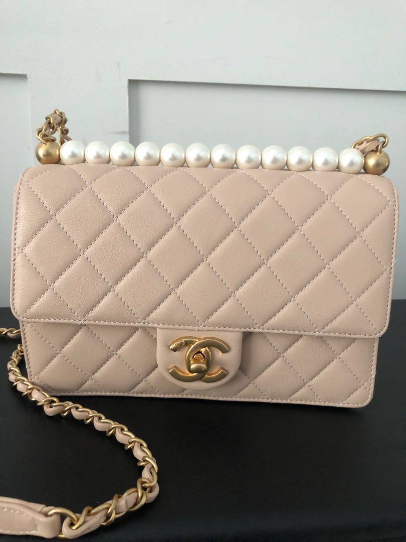 chanel flap bag with pearl chain