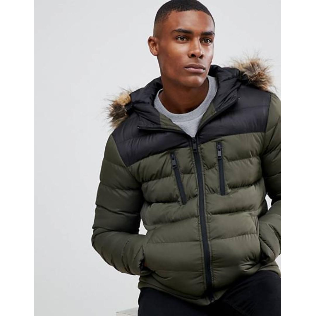 Boohooman Colour Block Puffer With Faux Fur Hood In Khaki Men S Fashion Clothes Outerwear On Carousell