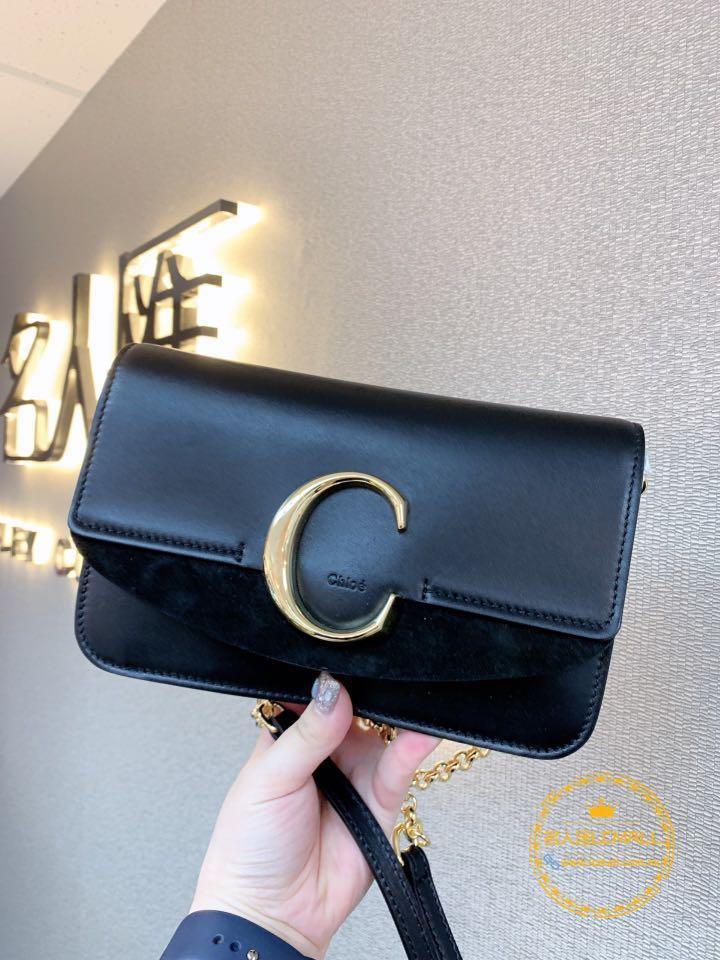 Chloe C Shiny & Suede Calfskin Clutch With Chain