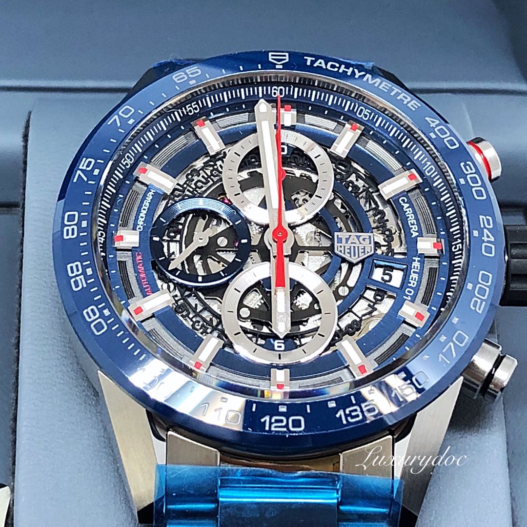  TAG HEUER CARRERA CALIBRE HEUER 01 SKELETON AUTOMATIC CHRONOGRAPH  BLUE CERAMIC 43MM WATCH , Luxury, Watches on Carousell