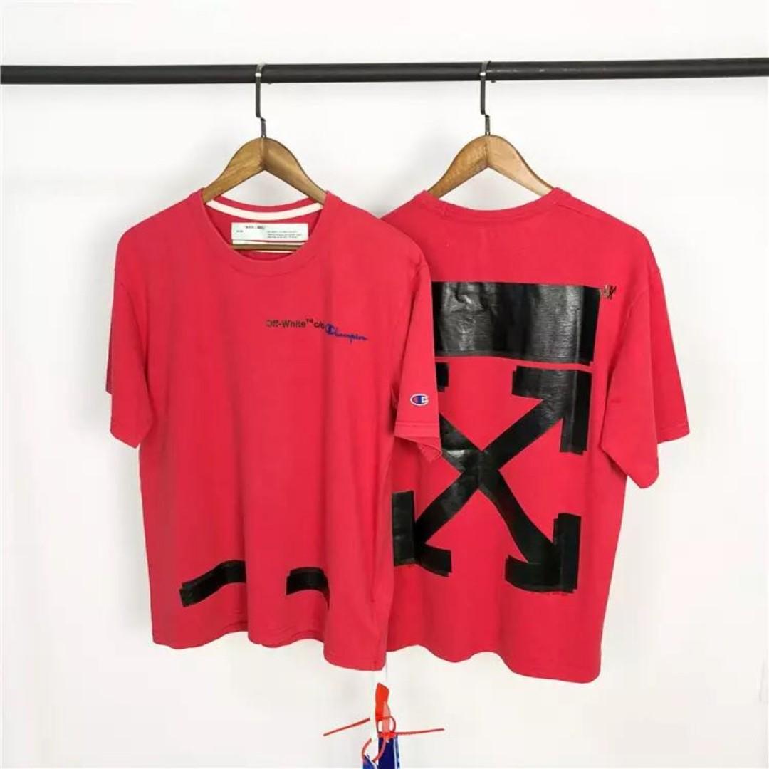 off white champion red tee