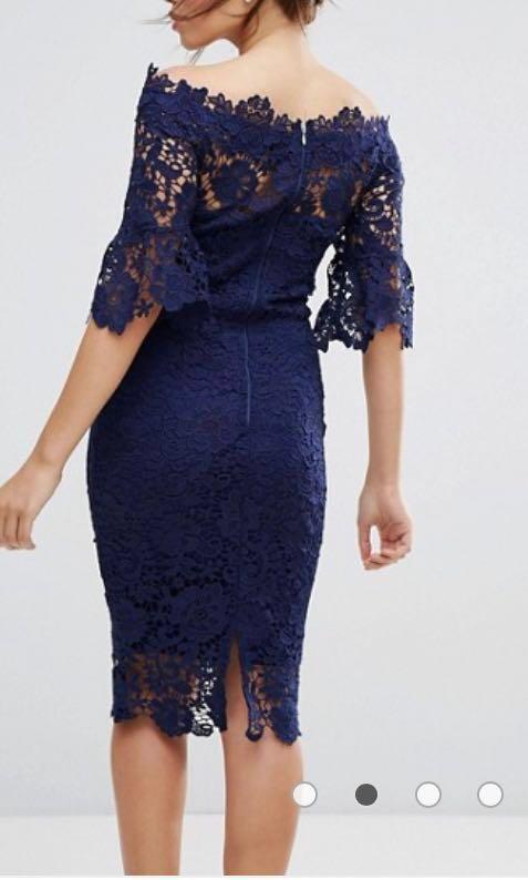 Paper dolls off shoulder crochet 2025 dress with frill sleeve in navy