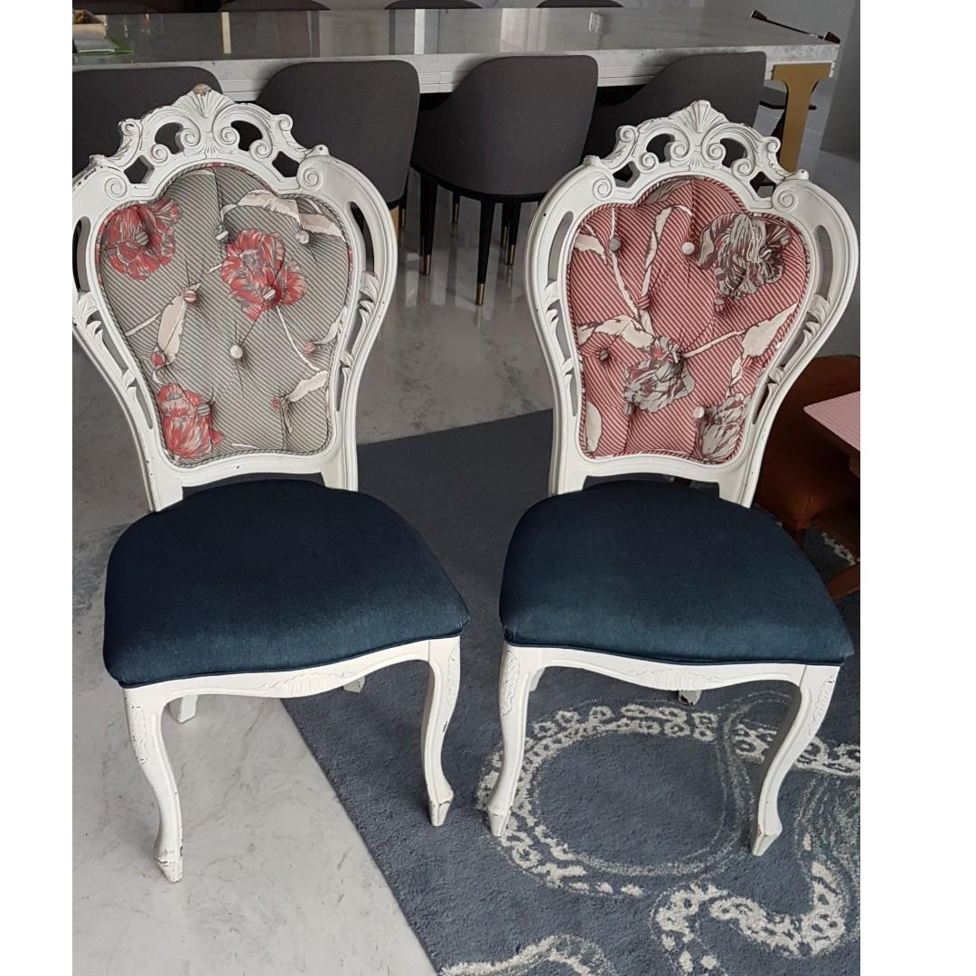 Pair Of Refurbished Victorian Vintage Style Chairs Denim