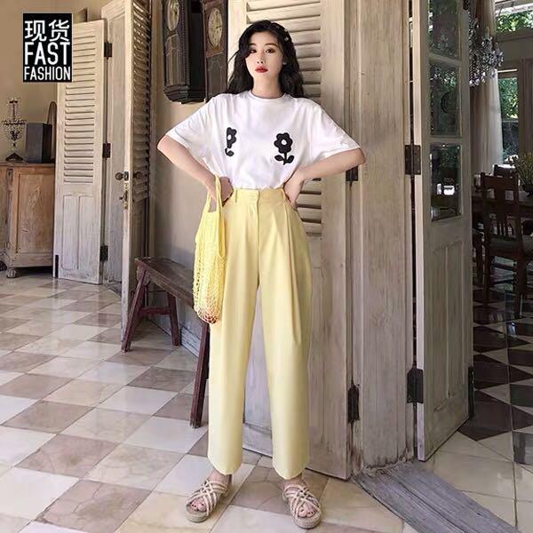 Long Wide Legged Yellow Pants, Women's Fashion, Bottoms, Other Bottoms on  Carousell