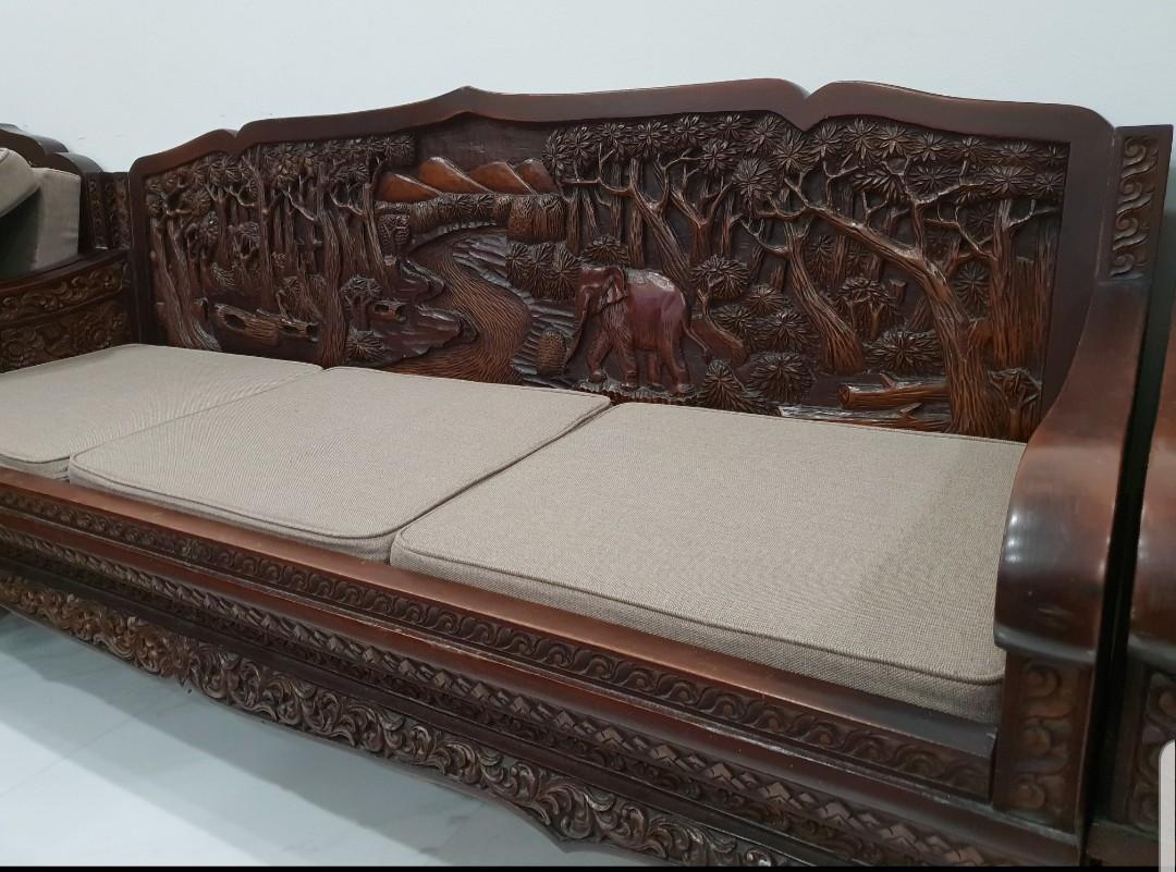 Vintage / Antique Teak Wood Sofa Set, Furniture & Home Living, Furniture, Sofas on Carousell