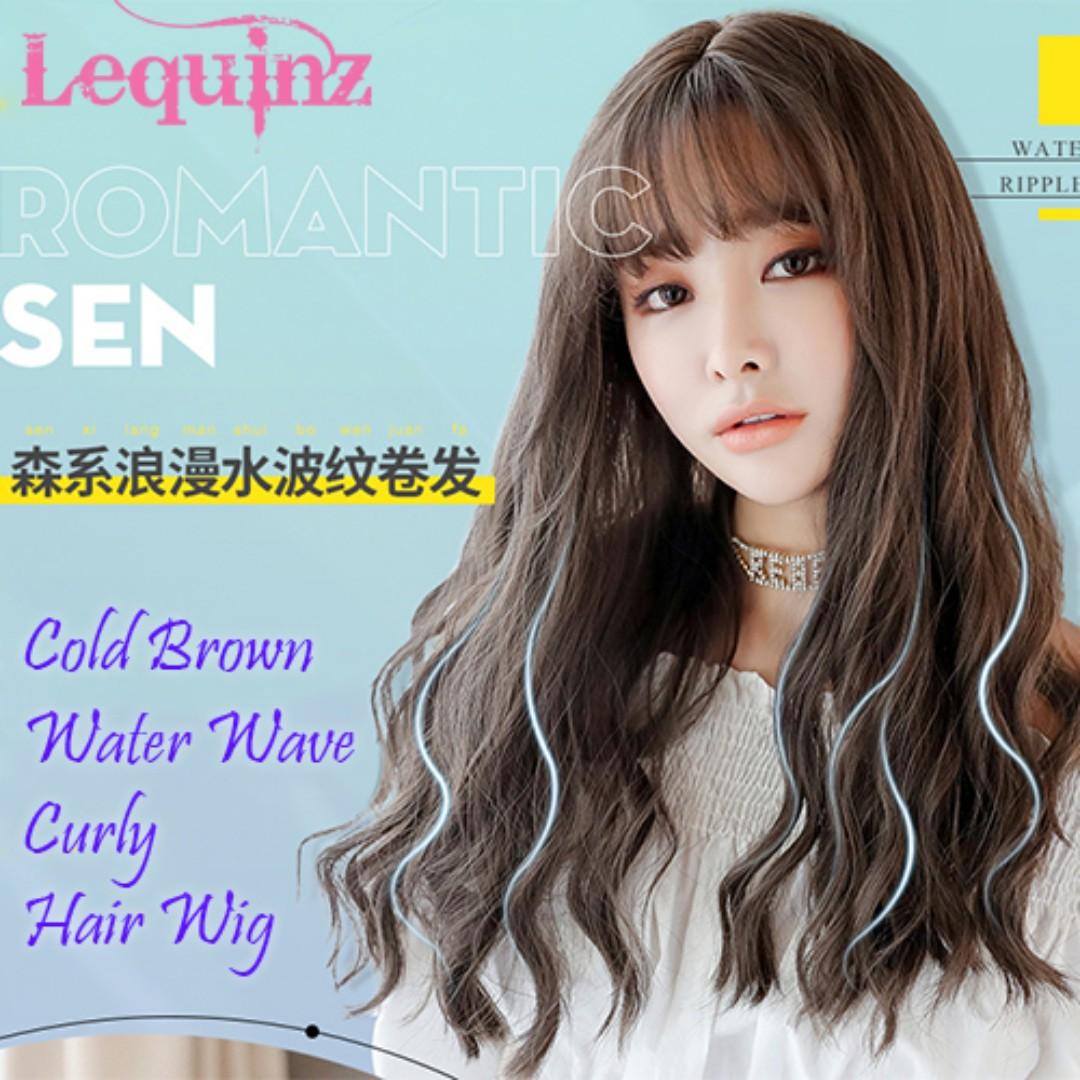 Water Wave Curls Korean Air Bang Hair Wig Cold Brown