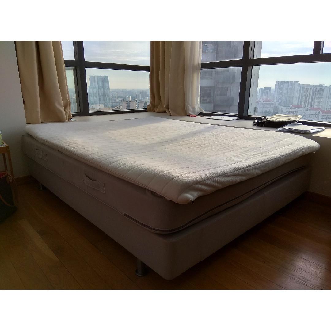 Ikea Sultan queen size bed with latex mattress pad, Furniture & Home