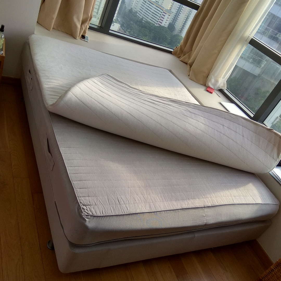 Ikea Sultan queen size bed with latex mattress pad, Furniture & Home