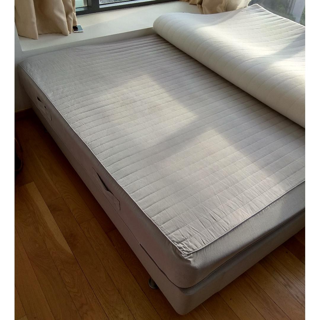 Ikea Sultan queen size bed with latex mattress pad, Furniture & Home