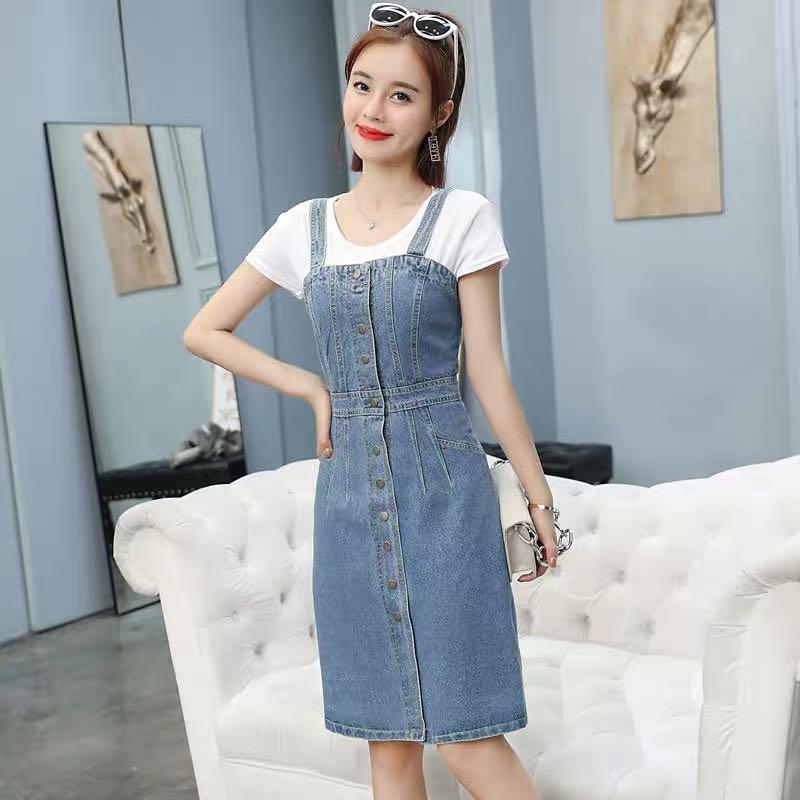 denim dress with white top