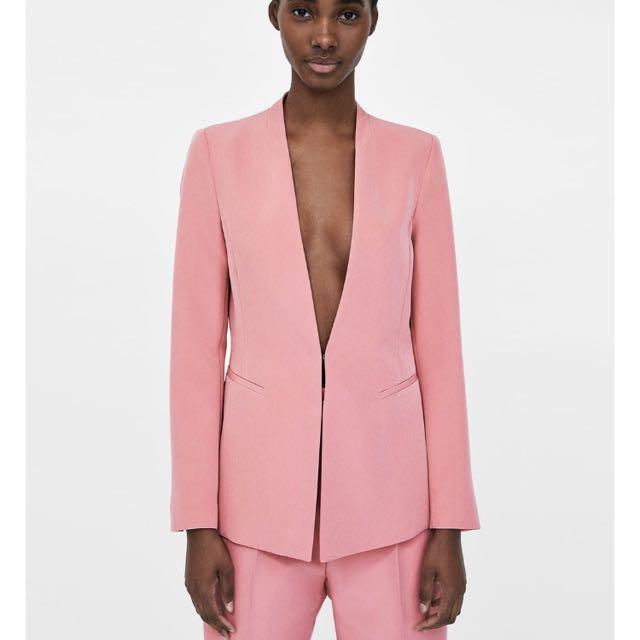 Pink collarless blazer clearance