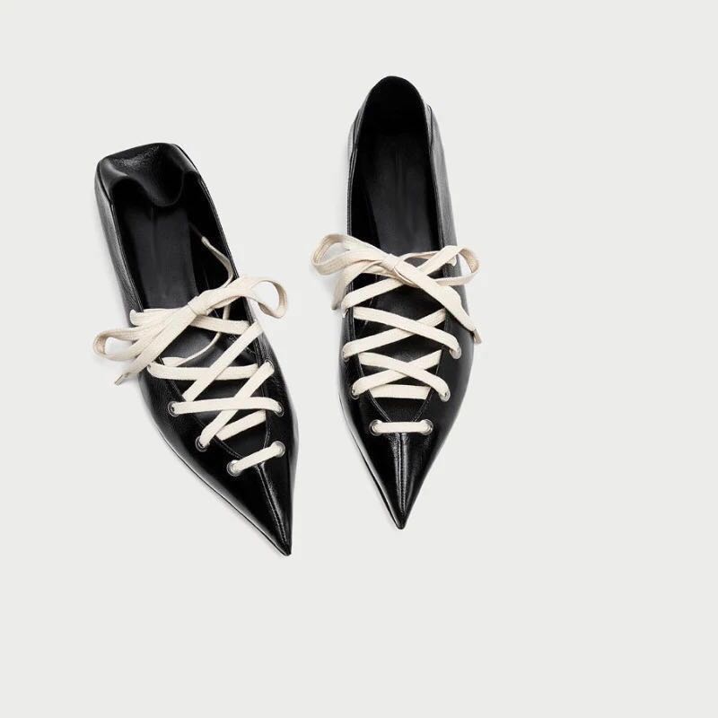 BN Black Pointed Lace Up Shoe Lace Ballet Flats Women s Fashion