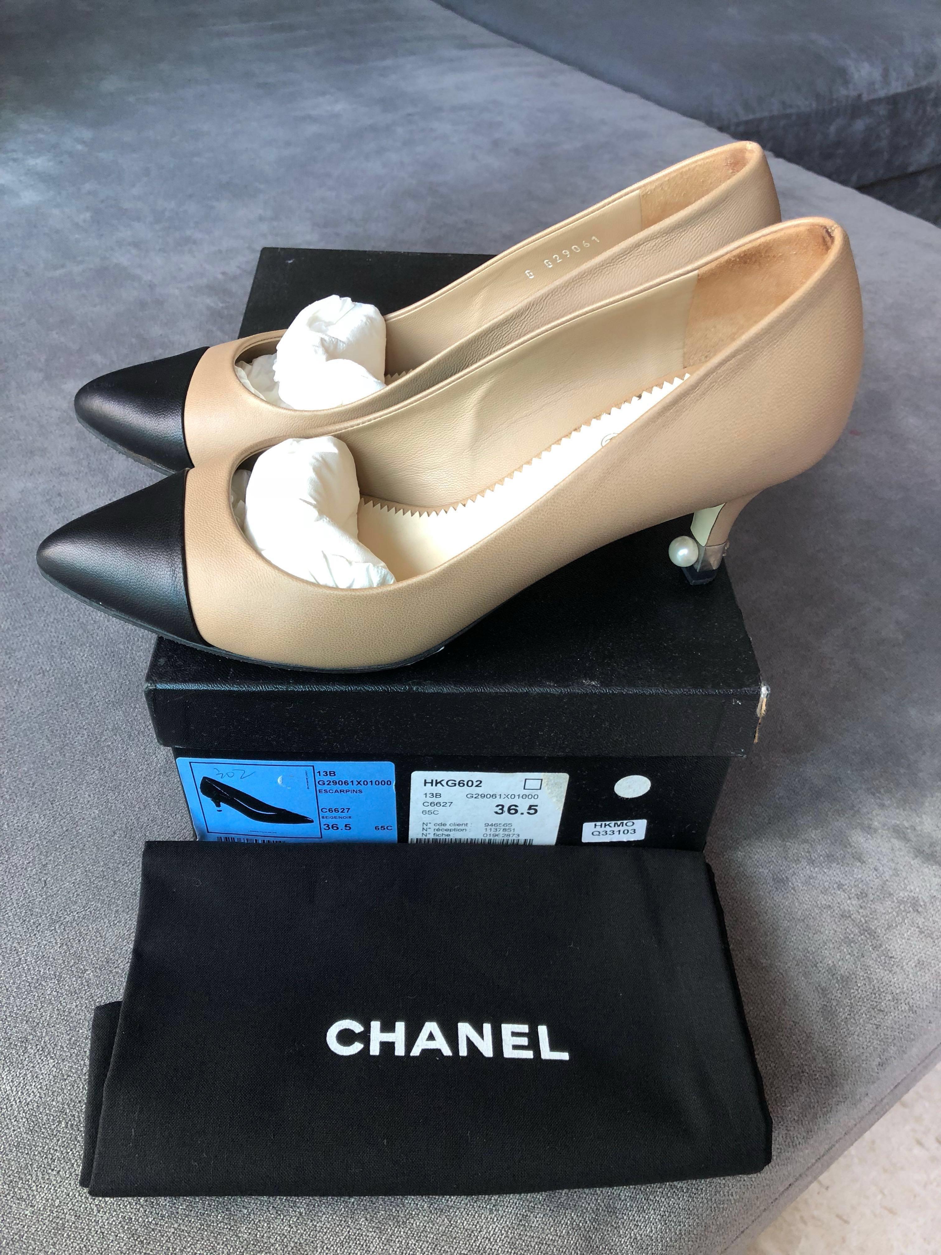 chanel tan and black heels