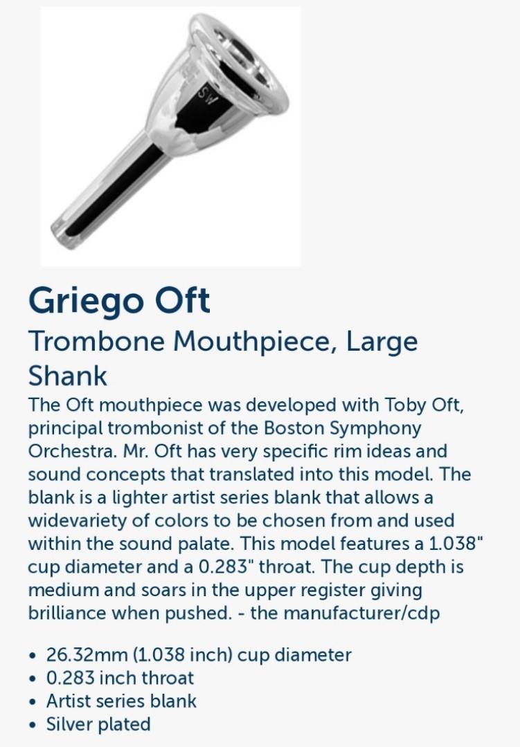Griego Toby Oft Trombone Mouthpiece, Hobbies & Toys, Music & Media