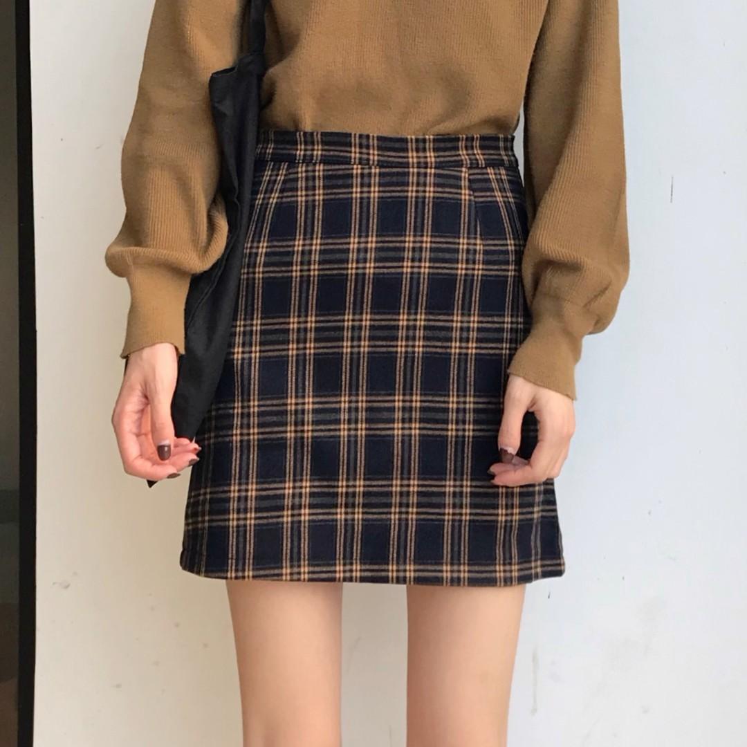 High Waist Plaid Skirt Skinny Skirt Plaid A Line Mini Skirt Korean