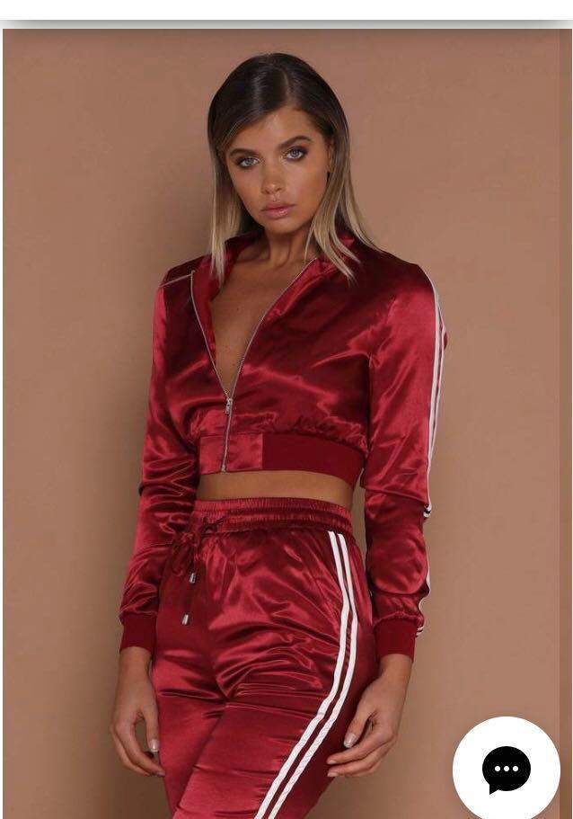red satin tracksuit