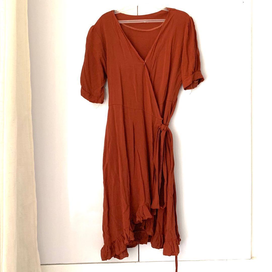 rust color wrap dress