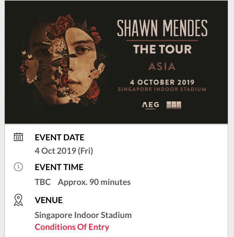 Shawn Mendes Concert Tickets, Tickets & Vouchers, Event Tickets on
