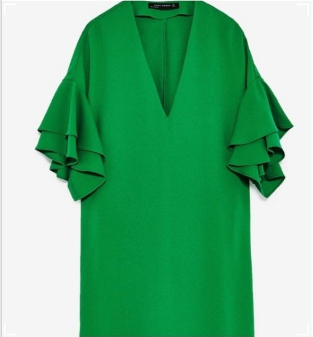 Zara Green Frilled-sleeve Short Casual 