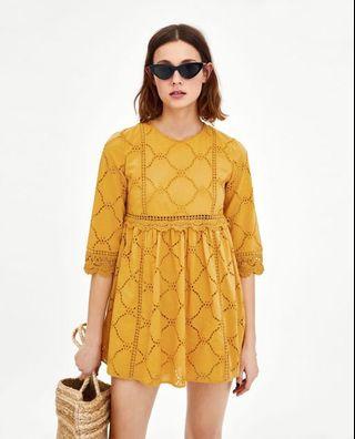 Summer yellow crochet eyelet jumpsuit playsuit romper with pockets