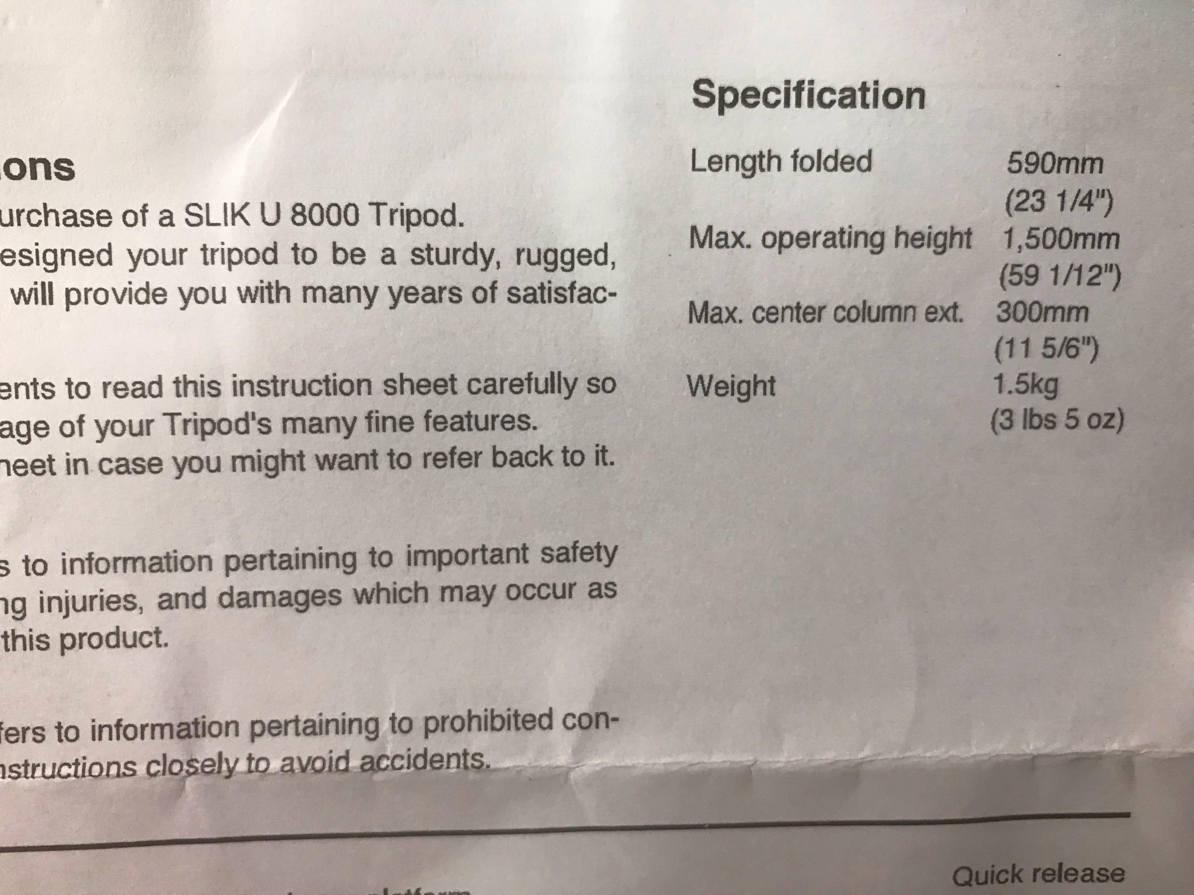 SLIK TRIPOD U8000, Photography, Photography Accessories, Tripods
