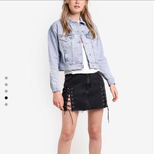 Topshop Moto Black Lace Up Denim A Line Skirt, Women's Fashion