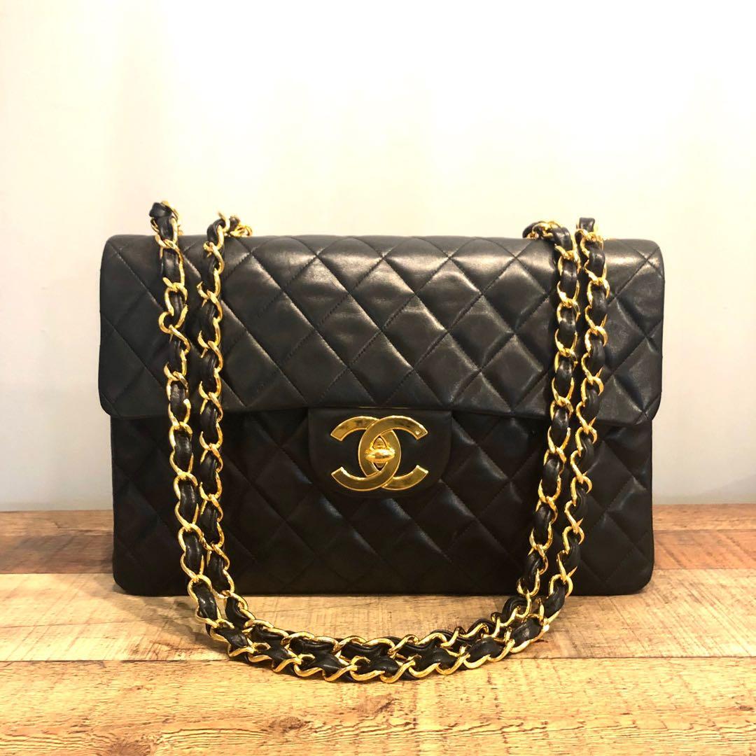 Authentic Chanel 13 Inch Vintage Jumbo Lambskin Bag w 24k Gold Hardware