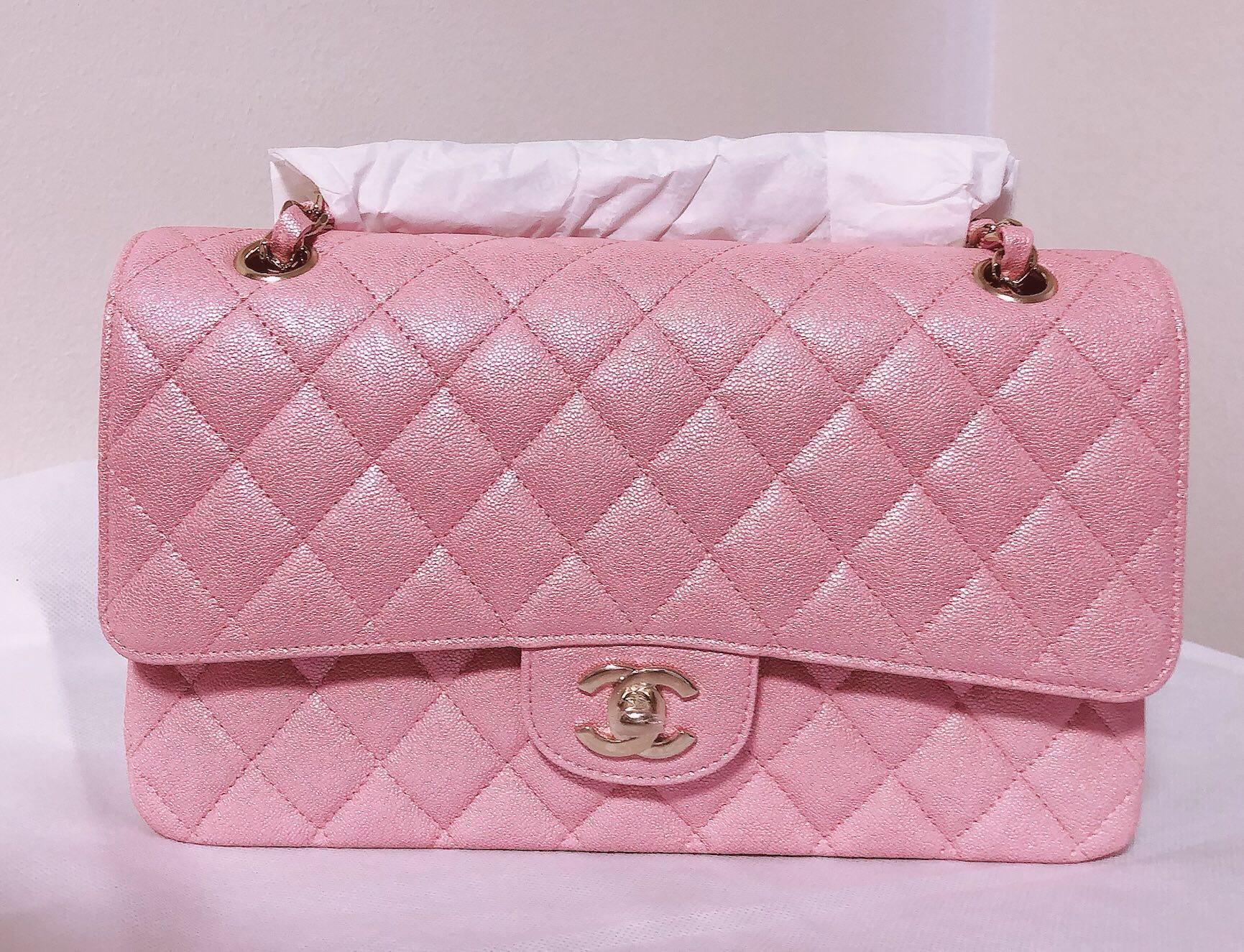 CHANEL 21S Iridescent Pink Calfskin Classic Flap LGHW New  Timeless  Luxuries