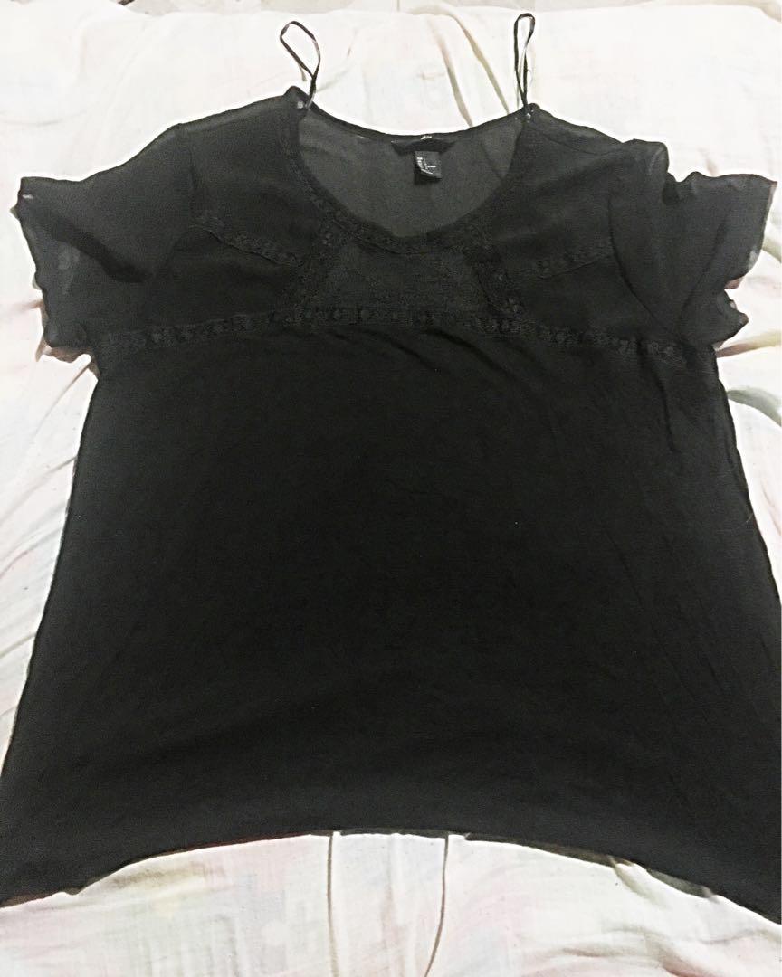 H M Black Sheer Lace Shirt Women S Fashion Clothes Tops On Carousell She styled her black h&m sheer dress with a blue vintage denim jacket, black headband jeweled accessories, and black doc martens shoes.