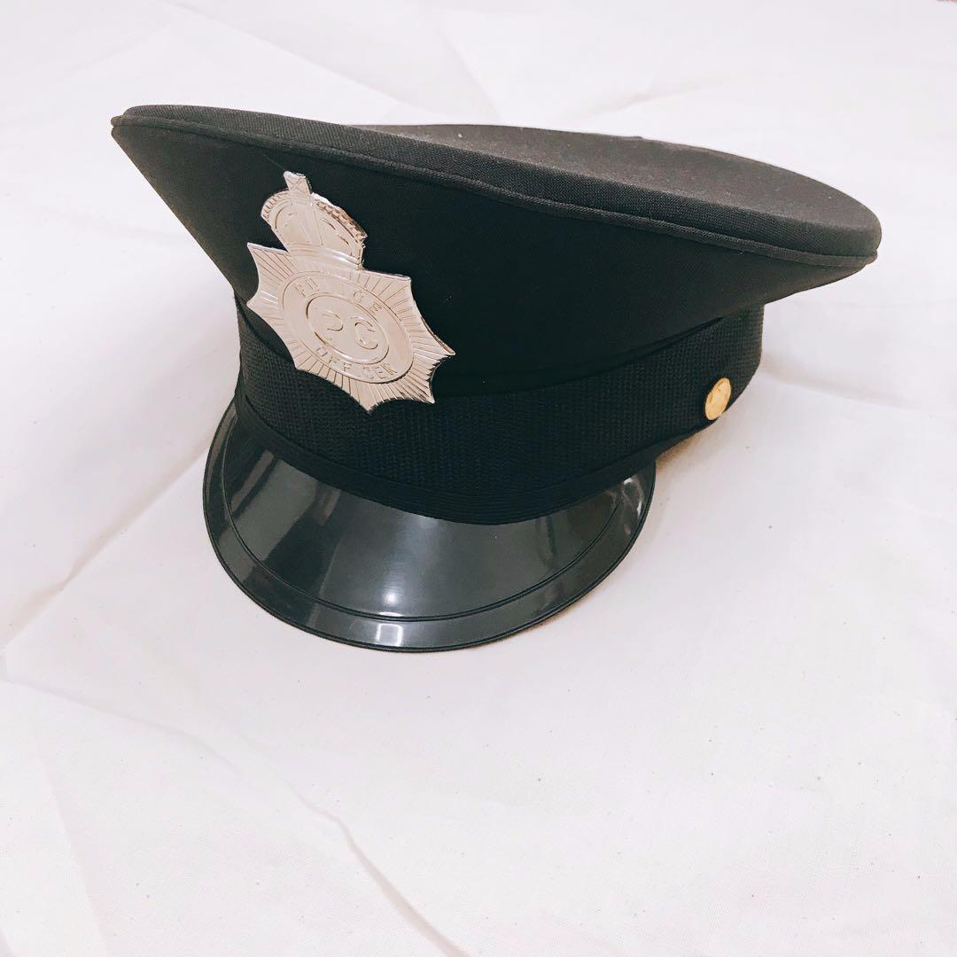 Adults Black Police Panda Cop Hat Chequered Band And Badge
