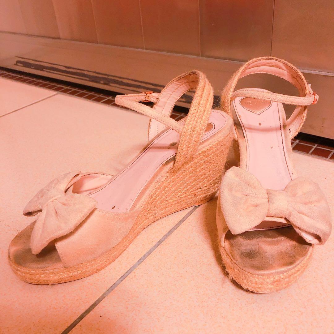 Velvet粉色魚口蝴蝶結編織楔型鞋 她的時尚 鞋子在旋轉拍賣