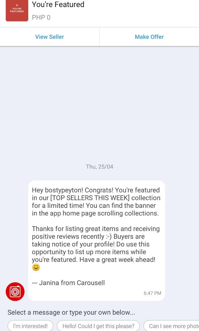 First feature 😉 (Category: Community) located in Manila. Submitted by bostypeyton (Listing ID 226454582, Image 1). Description: Thank you carousell!.