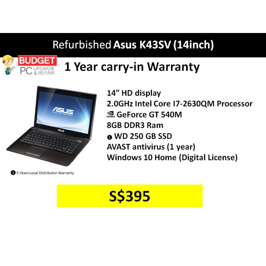 Refurbished Asus K43sv Laptop 14 Hd I7 2630qm 8gb 250gb Ssd Windows 10 Home 1 Year Carry In Warranty Electronics Computers Laptops On Carousell