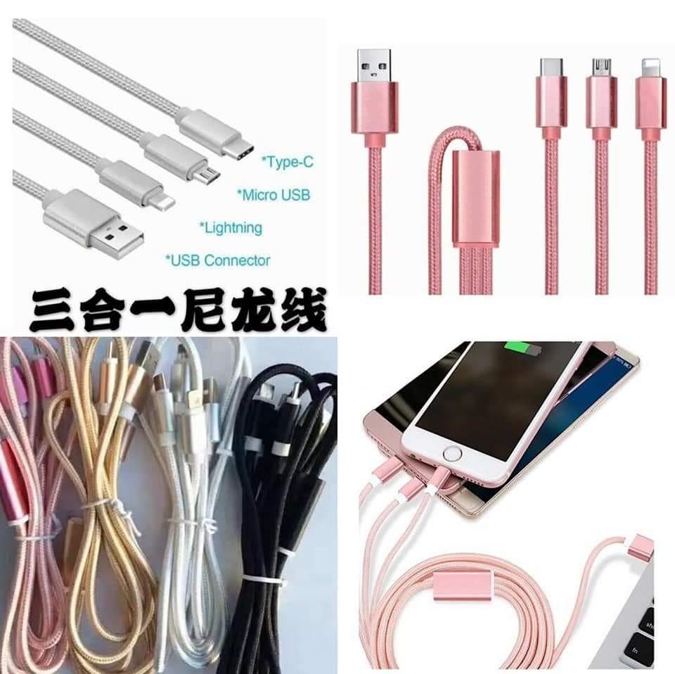 3in1 usb cable (Category: Cables & Adaptors) located in Mandaluyong City. Submitted by shopmla (Listing ID 226928605, Image 2). Description: 3in1 usb cable Php 150. Type C Apple IOS Android.