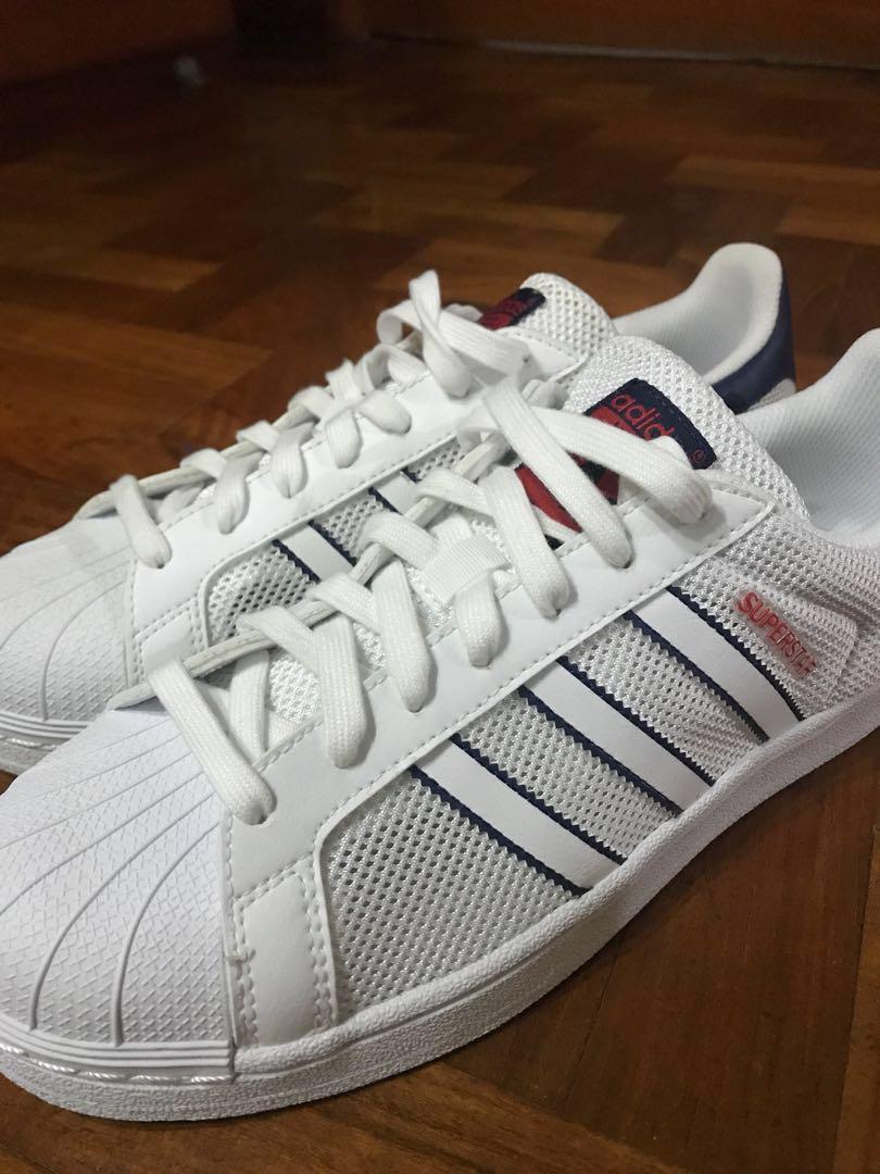Adidas Superstar Originals Mesh white with blue and red details, Men's  Fashion, Footwear, Sneakers on Carousell