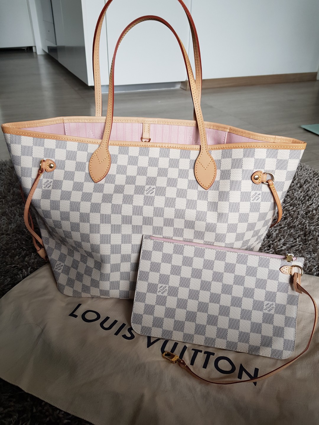 BNIB Louis Vuitton LV Neverfull MM Damier Azur Rose Ballerine Pink, Luxury, Bags & Wallets ...