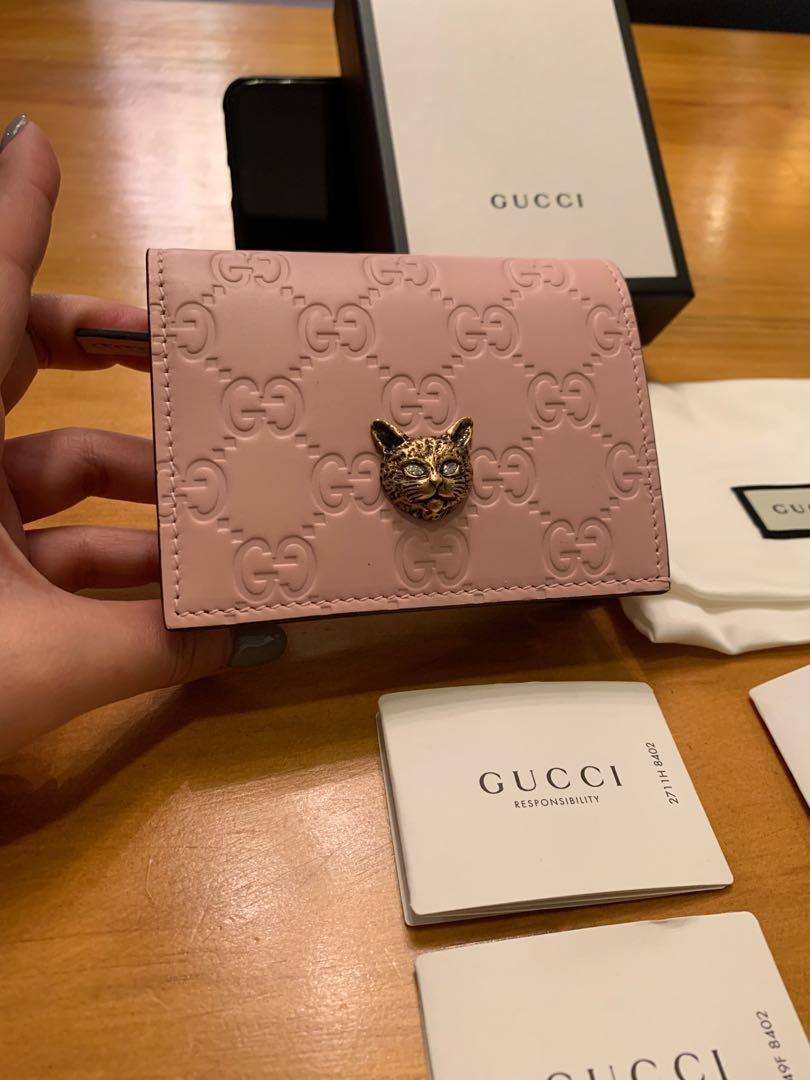 Gucci Signature Continental Wallet With Cat in Pink