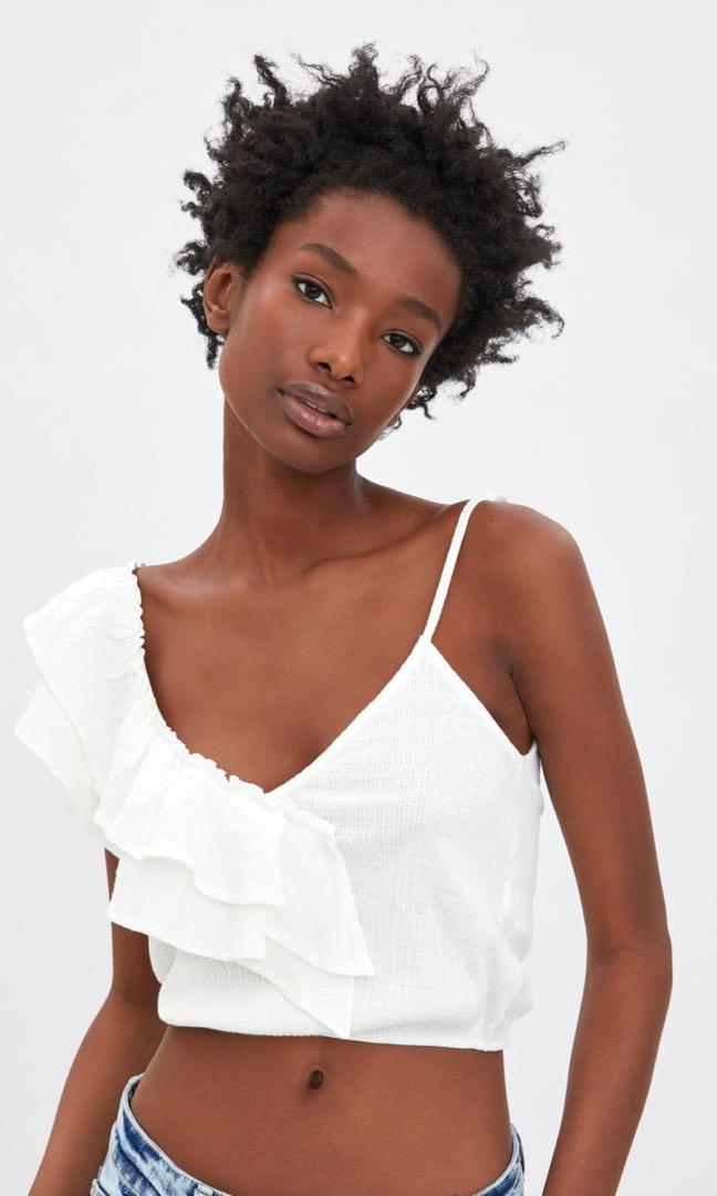 Zara Off White Asymmetric Frilled Top Size MEDIUM BNWT 