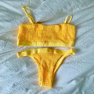 yellow strapless bikini