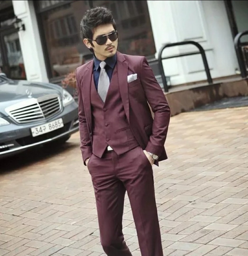 Maroon suit men 3pc free tie wedding suits formal suits