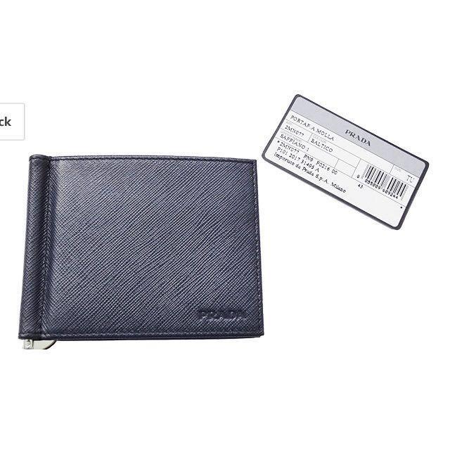Authentic PRADA Money Clip Card Case Bifold Navy Leather 2MN077